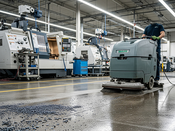 M12 combination scrubber sweeping metal shavings in a machine shop